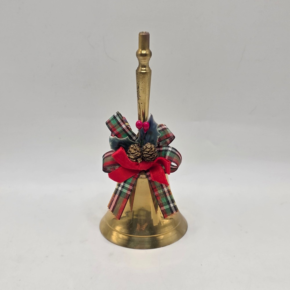 Brass Hand Bell Gold‎ Christmas Plaid Bow Holly Berry Vintage Decor Ring